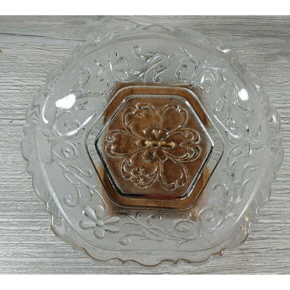 VTG Duncan & Miller Floral Pressed Sandwich Glass Textured Surface Hexagon Bowl - Picture 5 of 12
